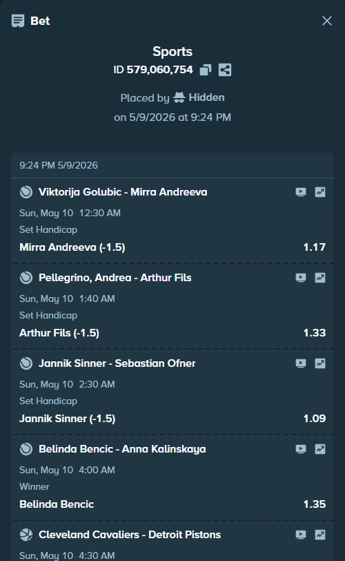 Bet slip: Philadelphia Flyers - Carolina Hurricanes, $7,504.26 stake at 1.57 odds, placed by Hidden