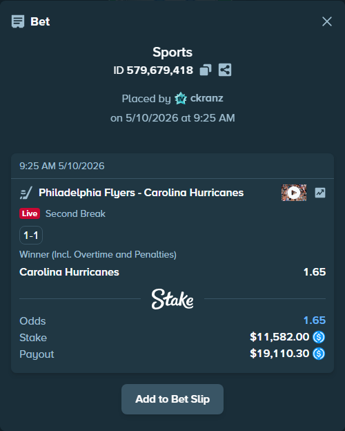 Bet slip: Philadelphia Flyers - Carolina Hurricanes, $11,582.00 stake at 1.65 odds, placed by ckranz