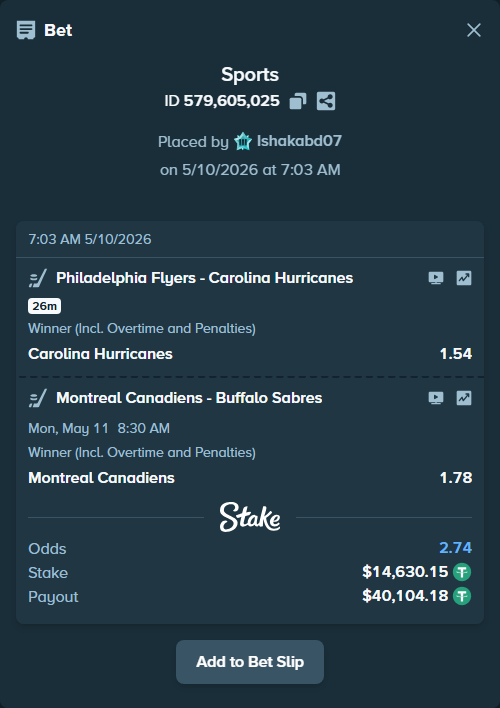 Bet slip: Philadelphia Flyers - Carolina Hurricanes, $14,630.15 stake at 1.54 odds, placed by Ishakabd07