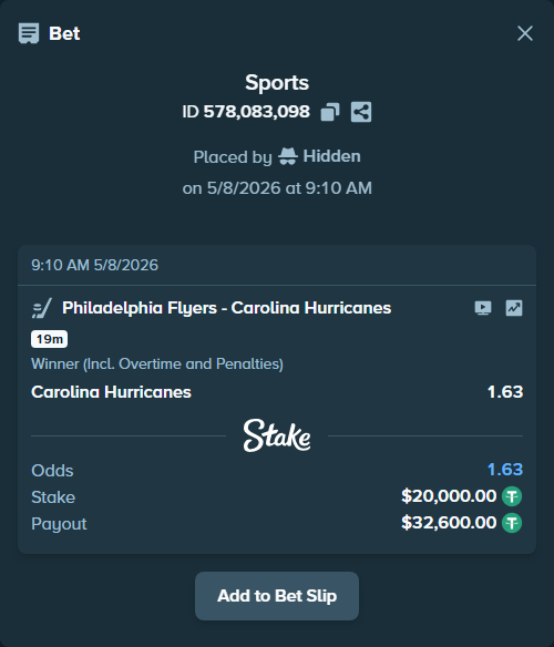 Bet slip: Philadelphia Flyers - Carolina Hurricanes, $20,000.00 stake at 1.63 odds, placed by Hidden