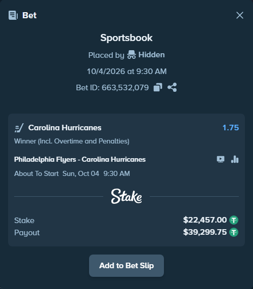Bet slip: Philadelphia Flyers - Carolina Hurricanes, $22,457.00 stake at 1.75 odds, placed by Hidden