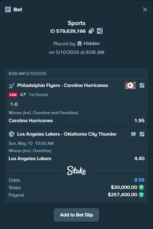 Bet slip: Philadelphia Flyers - Carolina Hurricanes, $30,000.00 stake at 1.95 odds, placed by Hidden