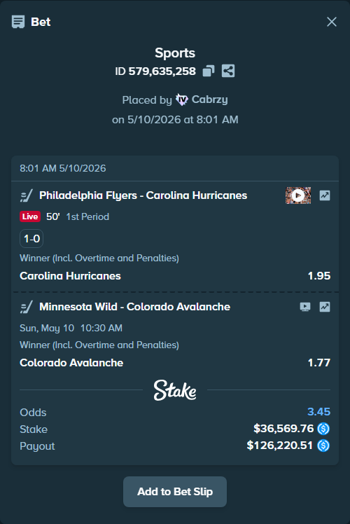 Bet slip: Philadelphia Flyers - Carolina Hurricanes, $36,569.76 stake at 1.95 odds, placed by Cabrzy