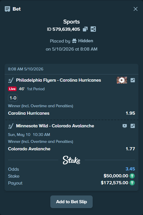 Bet slip: Philadelphia Flyers - Carolina Hurricanes, $50,000.00 stake at 1.95 odds, placed by Hidden
