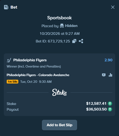 Bet slip: Philadelphia Flyers - Colorado Avalanche, $12,600.00 stake at 2.90 odds, placed by unhingedking
