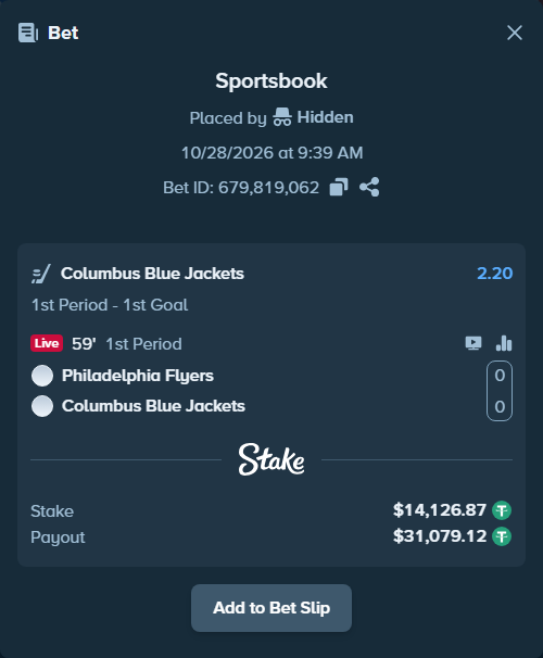 Bet slip: Philadelphia Flyers - Columbus Blue Jackets, $14,141.00 stake at 2.20 odds, placed by Hidden