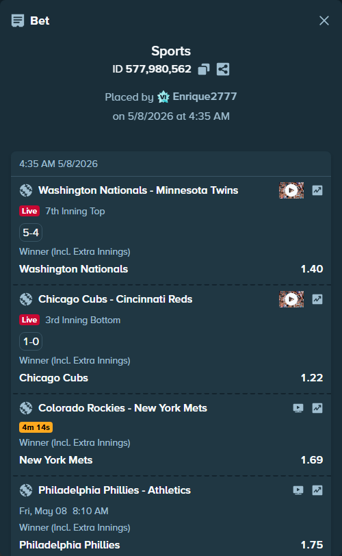 Bet slip: Philadelphia Phillies - Athletics, $20,000.00 stake at 1.75 odds, placed by Enrique2777