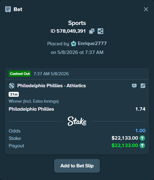 Bet slip: Philadelphia Phillies - Athletics, $22,133.00 stake at 1.74 odds, placed by Enrique2777