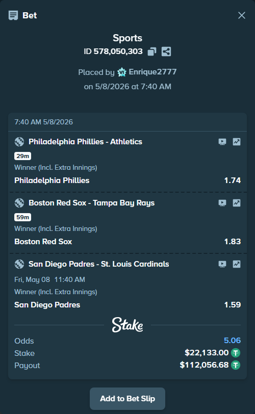 Bet slip: Philadelphia Phillies - Athletics, $22,133.00 stake at 1.74 odds, placed by Enrique2777