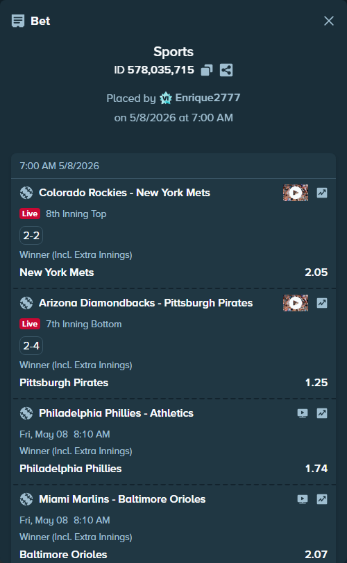 Bet slip: Philadelphia Phillies - Athletics, $25,000.00 stake at 1.74 odds, placed by Enrique2777