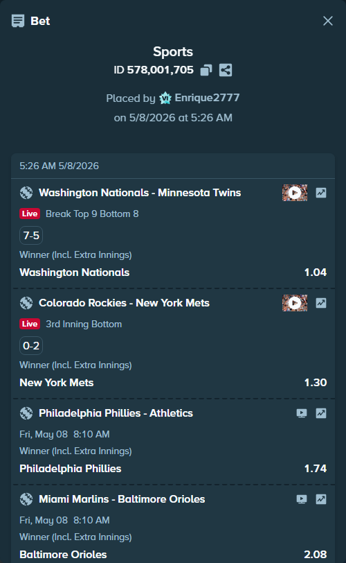 Bet slip: Philadelphia Phillies - Athletics, $32,000.00 stake at 1.74 odds, placed by Enrique2777