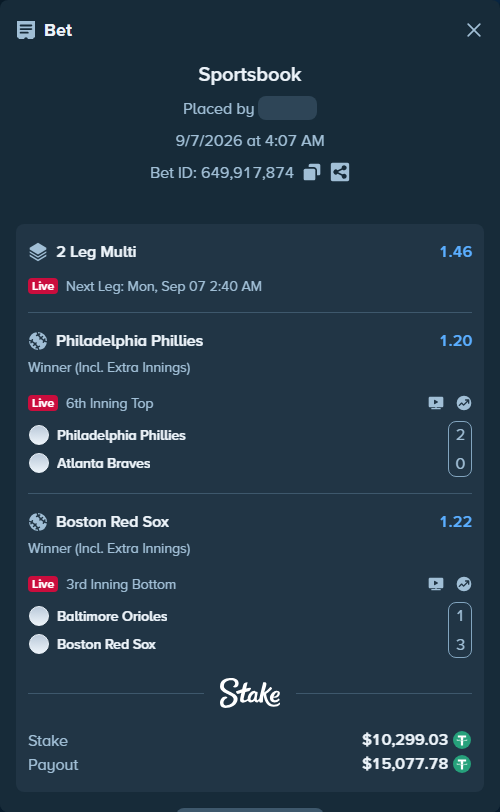 Bet slip: Philadelphia Phillies - Atlanta Braves, $10,298.00 stake at 1.20 odds, placed by ggochangi