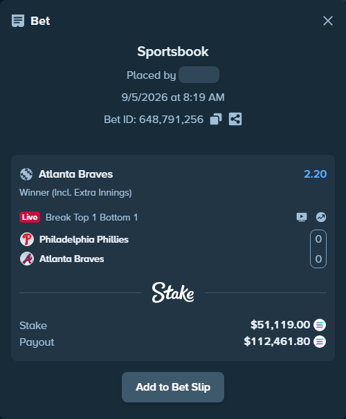 Bet slip: Philadelphia Phillies - Atlanta Braves, $51,158.78 stake at 2.20 odds, placed by Marvin123421