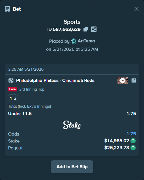 Bet slip: Philadelphia Phillies - Cincinnati Reds, $15,000.00 stake at 1.75 odds, placed by ArtTema