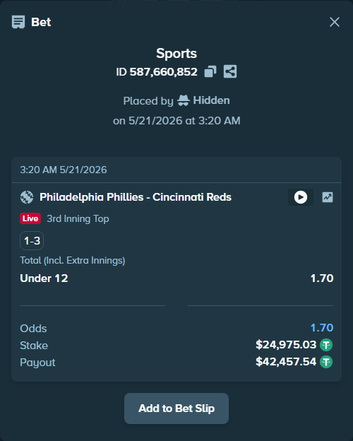 Bet slip: Philadelphia Phillies - Cincinnati Reds, $25,000.00 stake at 1.70 odds, placed by ArtTema