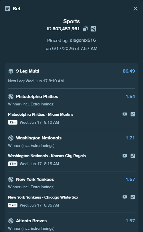Bet slip: Philadelphia Phillies - Miami Marlins, $10,010.00 stake at 1.54 odds, placed by diegomx616