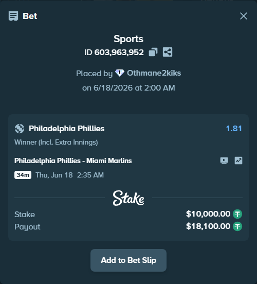 Bet slip: Philadelphia Phillies - Miami Marlins, $10,010.00 stake at 1.81 odds, placed by Othmane2kiks