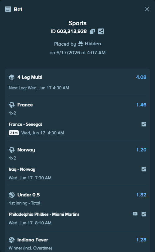 Bet slip: Philadelphia Phillies - Miami Marlins, $10,330.39 stake at 1.82 odds, placed by Hidden