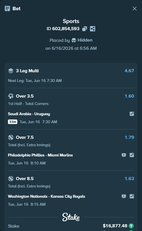 Bet slip: Philadelphia Phillies - Miami Marlins, $16,877.48 stake at 1.79 odds, placed by Hidden