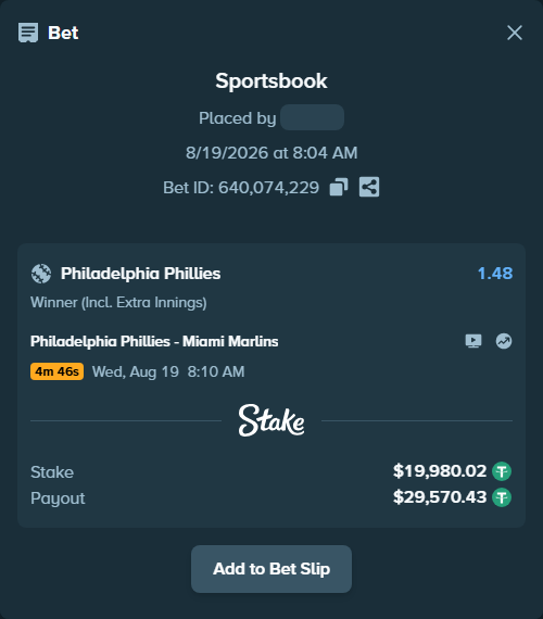 Bet slip: Philadelphia Phillies - Miami Marlins, $20,000.00 stake at 1.48 odds, placed by dvento