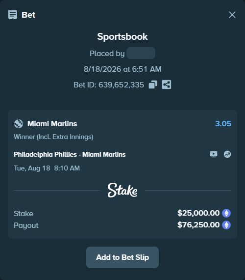 Bet slip: Philadelphia Phillies - Miami Marlins, $24,866.22 stake at 3.05 odds, placed by myprecious1