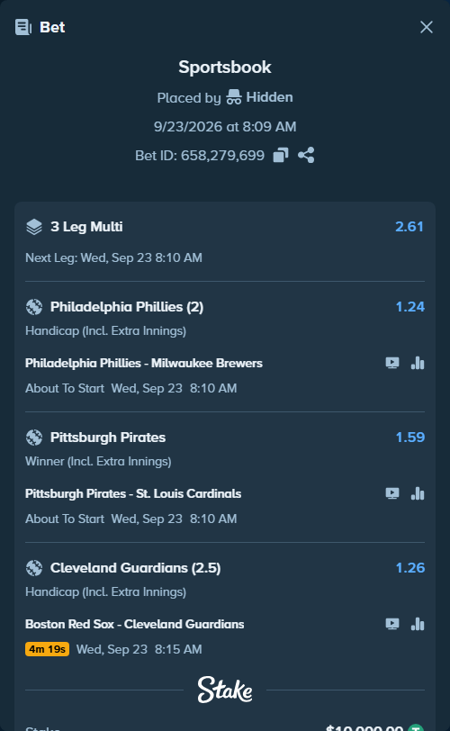Bet slip: Philadelphia Phillies - Milwaukee Brewers, $10,000.00 stake at 1.24 odds, placed by Hidden