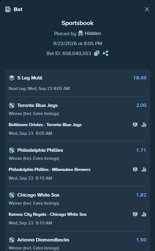 Bet slip: Philadelphia Phillies - Milwaukee Brewers, $25,000.00 stake at 1.71 odds, placed by Hidden