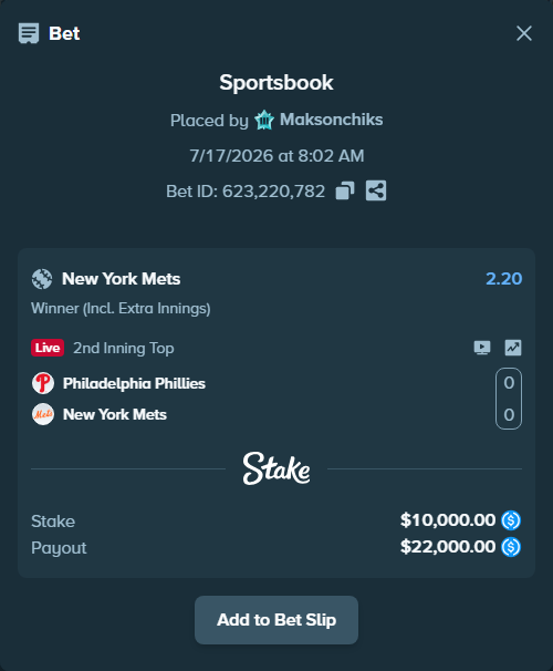 Bet slip: Philadelphia Phillies - New York Mets, $10,000.00 stake at 2.20 odds, placed by Maksonchiks