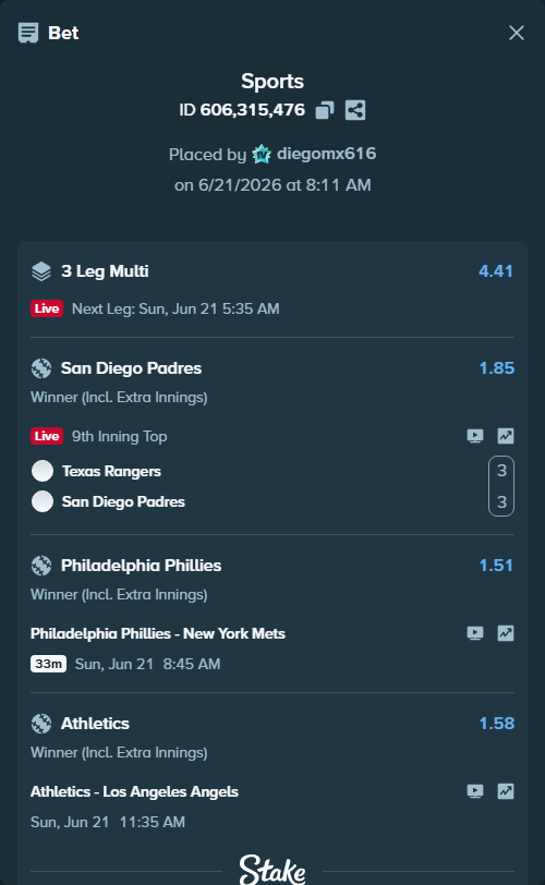 Bet slip: Philadelphia Phillies - New York Mets, $10,010.00 stake at 1.51 odds, placed by diegomx616