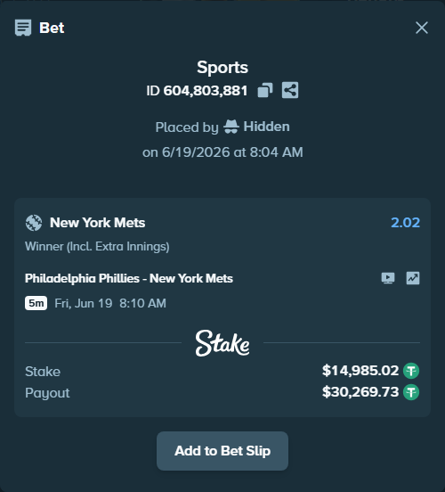 Bet slip: Philadelphia Phillies - New York Mets, $15,000.00 stake at 2.02 odds, placed by Hidden