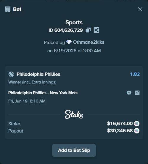 Bet slip: Philadelphia Phillies - New York Mets, $17,405.15 stake at 1.82 odds, placed by Othmane2kiks