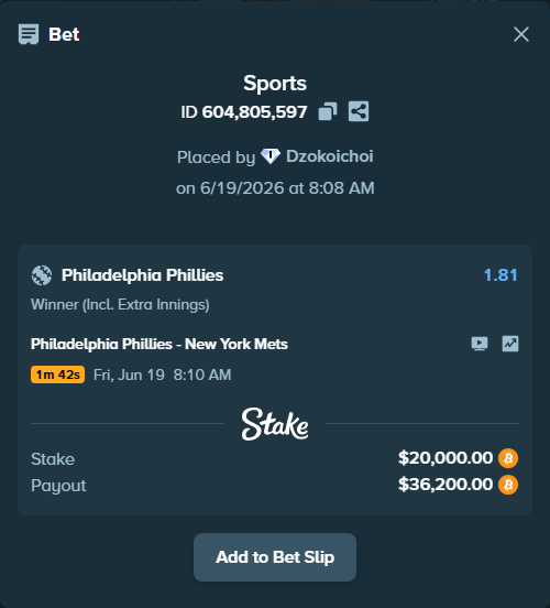 Bet slip: Philadelphia Phillies - New York Mets, $19,178.51 stake at 1.81 odds, placed by Dzokoichoi