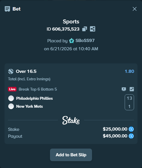 Bet slip: Philadelphia Phillies - New York Mets, $25,000.00 stake at 1.80 odds, placed by SBoSS97