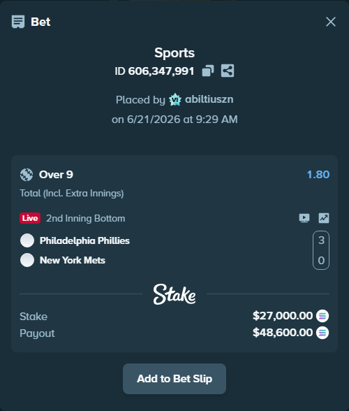 Bet slip: Philadelphia Phillies - New York Mets, $26,782.53 stake at 1.80 odds, placed by abiltiuszn