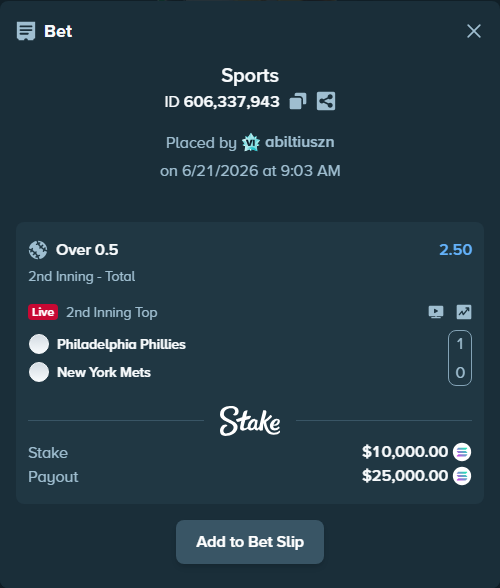 Bet slip: Philadelphia Phillies - New York Mets, $9,897.65 stake at 2.50 odds, placed by abiltiuszn