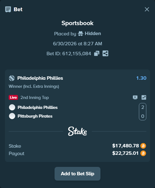 Bet slip: Philadelphia Phillies - Pittsburgh Pirates, $18,152.06 stake at 1.30 odds, placed by Hidden