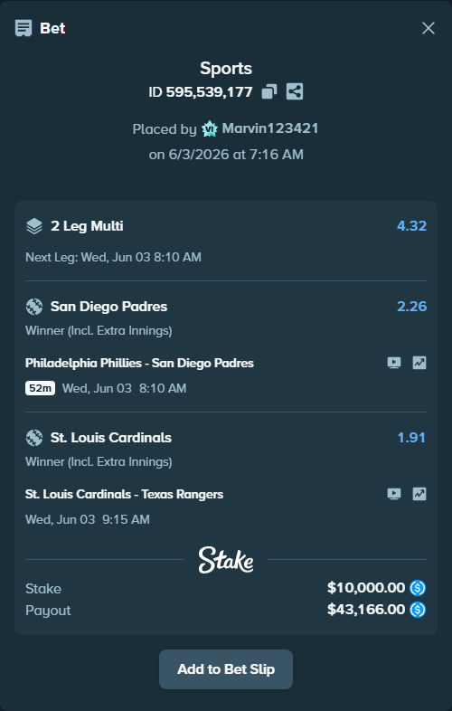 Bet slip: Philadelphia Phillies - San Diego Padres, $10,000.00 stake at 2.26 odds, placed by Marvin123421