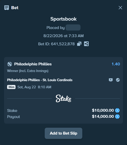 Bet slip: Philadelphia Phillies - St. Louis Cardinals, $10,000.00 stake at 1.40 odds, placed by orageq76