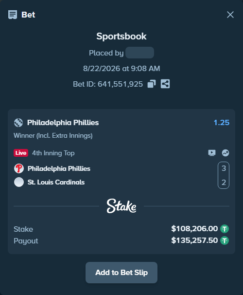 Bet slip: Philadelphia Phillies - St. Louis Cardinals, $108,206.00 stake at 1.25 odds, placed by riaggo1