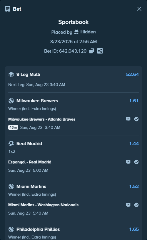 Bet slip: Philadelphia Phillies - St. Louis Cardinals, $15,000.00 stake at 1.65 odds, placed by Hidden