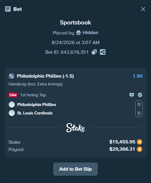 Bet slip: Philadelphia Phillies - St. Louis Cardinals, $15,497.60 stake at 1.90 odds, placed by Hidden