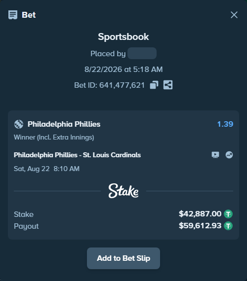 Bet slip: Philadelphia Phillies - St. Louis Cardinals, $42,887.00 stake at 1.39 odds, placed by GoodVibes1