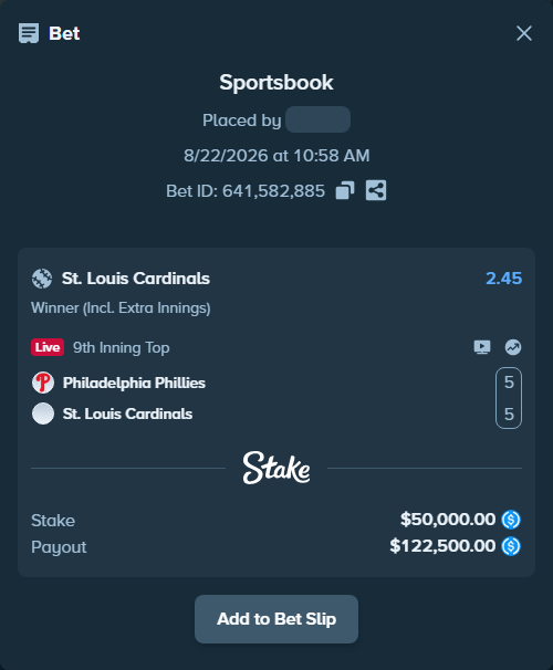 Bet slip: Philadelphia Phillies - St. Louis Cardinals, $50,000.00 stake at 2.45 odds, placed by Cabrzy