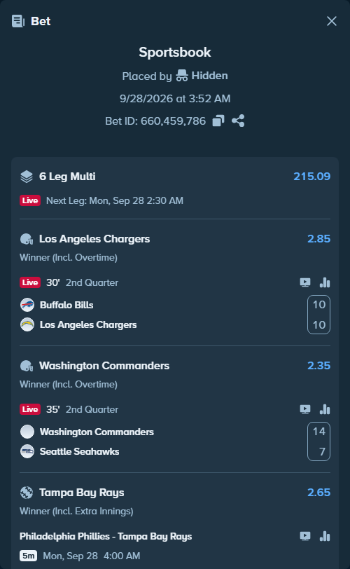Bet slip: Philadelphia Phillies - Tampa Bay Rays, $10,000.00 stake at 2.65 odds, placed by Hidden