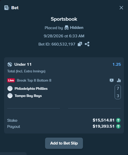 Bet slip: Philadelphia Phillies - Tampa Bay Rays, $15,514.81 stake at 1.25 odds, placed by ayoflasher