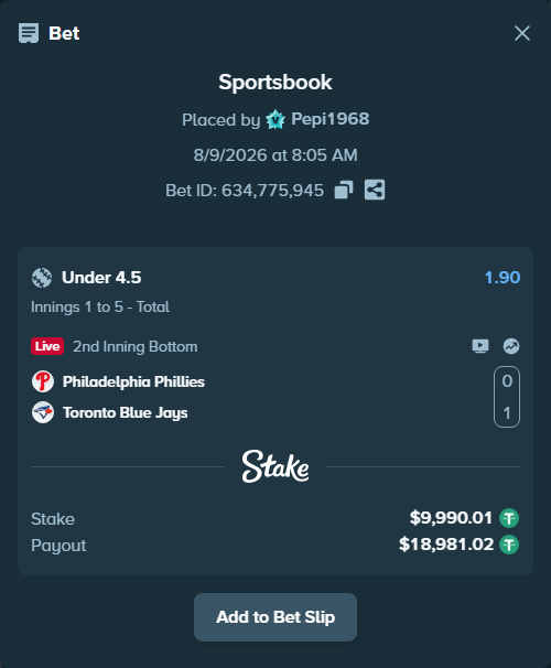 Bet slip: Philadelphia Phillies - Toronto Blue Jays, $10,000.00 stake at 1.90 odds, placed by Pepi1968
