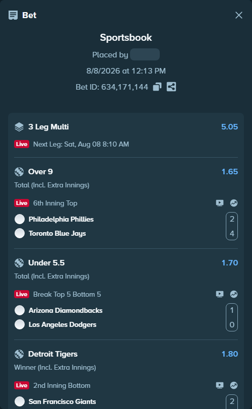 Bet slip: Philadelphia Phillies - Toronto Blue Jays, $10,010.00 stake at 1.65 odds, placed by djawoals