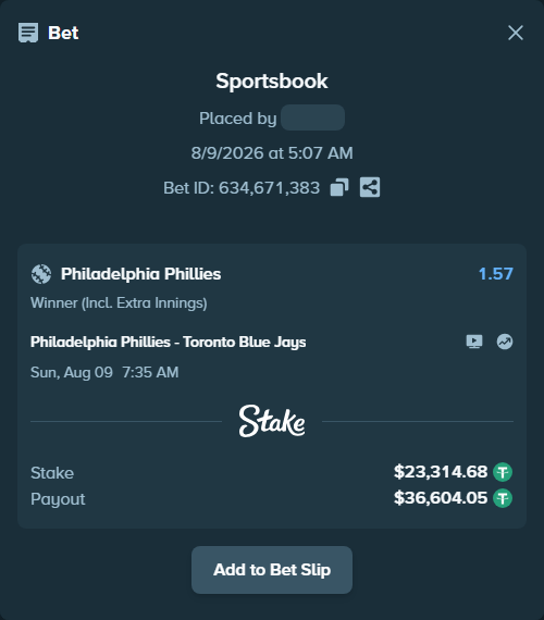 Bet slip: Philadelphia Phillies - Toronto Blue Jays, $23,338.00 stake at 1.57 odds, placed by mkunerth