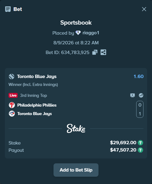 Bet slip: Philadelphia Phillies - Toronto Blue Jays, $29,721.69 stake at 1.60 odds, placed by riaggo1