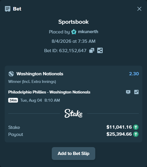 Bet slip: Philadelphia Phillies - Washington Nationals, $11,052.20 stake at 2.30 odds, placed by mkunerth